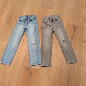 Blue and Gray Straight Leg Jeans with Distressed Details